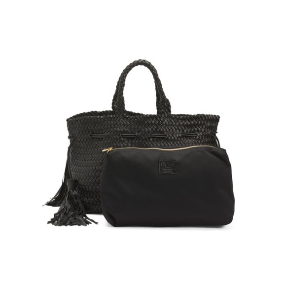 LA VIA Black Made In Italy Leather Woven Satchel With Side Tassels - Picture 1 of 4